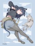  1girl absurdres ahoge animal_ear_fluff animal_ears black_hair black_legwear cat cat_ears cat_girl cat_tail clothes_around_waist garin highres long_sleeves looking_at_viewer no_shoes original pantyhose red_eyes red_nails skirt solo tail twitter_username 