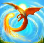  2019 absurd_res charizard day detailed_background digital_media_(artwork) feral grass hi_res male membrane_(anatomy) membranous_wings nintendo outside plaguedogs123 pok&eacute;mon pok&eacute;mon_(species) sky solo video_games wings 