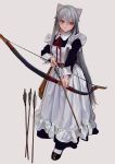  1girl animal_ears arrow bangs bow_(weapon) cat_ears closed_mouth eyebrows_visible_through_hair fkey full_body grey_hair hair_between_eyes highres long_hair looking_at_viewer maid original red_eyes solo standing weapon white_background 