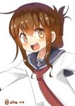  1girl ahenn black_legwear black_sailor_collar brown_eyes brown_hair commentary_request folded_ponytail inazuma_(kantai_collection) kantai_collection long_hair long_sleeves looking_at_viewer neckerchief open_mouth outstretched_arms red_neckwear round_teeth sailor_collar school_uniform serafuku shirt simple_background solo teeth twitter_username upper_body upper_teeth white_background white_shirt 