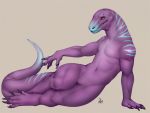  4:3 andromorph anthro claws deormynd intersex lizard nude pecs pinup pose purple_body purple_scales pussy reptile scales scalie smile solo thick_tail toe_claws wide_hips yellow_eyes 