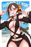  1girl bangs bare_shoulders beach black_swimsuit blue_sky blush braid breasts brown_eyes brown_hair choker cleavage collarbone consort_yu_(fate) detached_sleeves ear_piercing earrings fate/grand_order fate_(series) flower glasses hair_flower hair_ornament hair_scrunchie hairclip hanada_yanochi hand_gesture hands_up heroic_spirit_festival_outfit highres jewelry large_breasts long_hair looking_at_viewer multiple_earrings navel o-ring one_eye_closed open_mouth piercing scrunchie sky smile solo swimsuit thighs very_long_hair w wavy_mouth 