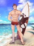 1boy abs bara beard blue_eyes brown_hair chest cloud cloudy_sky facial_hair fate/grand_order fate_(series) full_body highres icelernd looking_at_viewer male_focus muscle napoleon_bonaparte_(fate/grand_order) nipples ocean pectorals sandals scar shorts sky smile solo surfboard swimsuit 