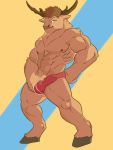  2018 abs anthro antlers biped bulge cervid clothing digital_media_(artwork) erection fanofthefurr fur grope hair hi_res hooves horn looking_at_viewer male mammal muscular muscular_male nipples pecs penis_outline pubes simple_background smile smirk smug solo standing underwear 