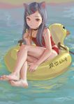  1girl animal_ears bangs barefoot brown_eyes cat_ears choker fkey floating grey_hair hair_ornament hairclip highres innertube long_hair looking_at_viewer original parted_bangs shorts solo tank_top water whistle 