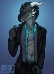  2019 4_fingers anthro bedroom_eyes black_scales black_sclera blue_background blue_eyes blue_scales bottomwear button-up claws clothed clothing countershade_tail countershade_torso countershading dragon fingers front_view gradient_background grey_countershading grey_scales half-closed_eyes hand_on_leg hi_res horn idoodle2draw inviting jeans looking_at_viewer male manly overshirt pants portrait pose scales scalie seductive sharp_teeth shirt signature simple_background smile smirk solo spikes standing suit teasing teeth topwear vest xero 