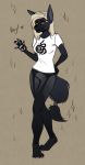  anthro canid canine canis clothed clothing facial_piercing female hi_res looking_at_viewer mammal nose_piercing piercing septum_piercing simple_background smile solo standing va_art wolf 