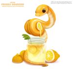  2019 ambiguous_gender beverage big_eyes cryptid-creations digital_media_(artwork) english_text feral jar leaf lemon nude orange_scales orange_tail reptile scales scalie simple_background snake solo squeezing text url white_background yellow_scales 