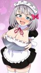  1girl blue_eyes blush bow breast_rest breasts embarrassed fang forced_smile hair_bow highres large_breasts looking_at_viewer maid maid_headdress open_mouth puffy_short_sleeves puffy_sleeves short_sleeves showers-u silver_hair solo tejina_senpai tejina_senpai_(character) thighhighs 