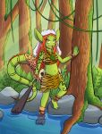  anthro barefoot club_(disambiguation) dragon dragonkai ear_piercing ear_ring female fur_clothing green_scales hi_res jewelry jungle kaya_(twin_dragons) midriff necklace outside piercing scales solo teenager thenekoboi tribal_clothing twin_dragons_(webcomic) yellow_eyes young 