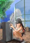  1girl alternate_costume black_hair blue_shorts blue_sky chain-link_fence cloud commentary_request day faucet fence green_eyes highres kachi_(kachi5100) kantai_collection long_hair multicolored_hair naganami_(kantai_collection) outdoors pink_hair sandals shorts sky solo tank_top tree two-tone_hair water_balloon wavy_hair 