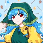  blue_hair eyebrows_visible_through_hair eyes_visible_through_hair haniyasushin_keiki headdress highres jewelry mindoll necklace paintbrush red_eyes smile spoilers touhou upper_body wily_beast_and_weakest_creature 