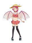  1girl alternate_costume arm_strap bare_arms bare_shoulders black_legwear breasts cato_(monocatienus) commentary_request crop_top eyebrows_visible_through_hair feathers flip-flops groin hat hat_feather head_wings looking_at_viewer medium_breasts midriff miniskirt mystia_lorelei navel pink_eyes pink_hair pink_shirt pink_skirt pleated_skirt sandals shirt short_hair sidelocks simple_background skirt sleeveless sleeveless_shirt smile solo stomach sun_hat thighhighs thighs touhou white_background white_footwear wings zettai_ryouiki 