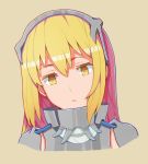  1girl aiz_wallenstein armor blonde_hair brown_background dungeon_ni_deai_wo_motomeru_no_wa_machigatteiru_darou_ka highres long_hair looking_at_viewer portrait simple_background solo sword_oratoria yang_zheng_yu yellow_eyes 