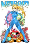  1girl blonde_hair blue_bodysuit blue_eyes blush bodysuit breasts full_body high_ponytail highres impossible_bodysuit impossible_clothes kafun long_hair looking_at_viewer metroid metroid_(creature) mole mole_under_mouth ponytail ridley samus_aran shiny shiny_clothes simple_background skin_tight solo stuffed_animal stuffed_toy super_smash_bros. toy varia_suit zero_suit 