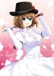  1girl binato_lulu braid breasts brown_hair charlotte_corday_(fate/grand_order) dress fate/grand_order fate_(series) flower green_eyes hat hat_flower juliet_sleeves knife large_breasts long_dress long_sleeves puffy_sleeves signature white_dress 