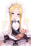  1girl abigail_williams_(fate/grand_order) bangs black_dress blonde_hair blue_eyes blush braid bug butterfly butterfly_hair_ornament closed_mouth commentary_request dress fate/grand_order fate_(series) forehead hair_ornament heart heroic_spirit_festival_outfit highres insect keyhole long_hair long_sleeves looking_at_viewer parted_bangs shirt sidelocks sleeveless sleeveless_dress sleeves_past_fingers sleeves_past_wrists smile solo stuffed_animal stuffed_toy teddy_bear tomo_(user_hes4085) very_long_hair white_shirt 