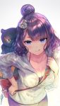  1girl :q artist_name bag breasts cleavage collarbone commentary_request dated fate/grand_order fate_(series) gradient gradient_background grey_jacket hair_bun hair_ornament halterneck jacket katsushika_hokusai_(fate/grand_order) leaning_forward long_sleeves looking_at_viewer medium_breasts octopus purple_eyes purple_hair riv short_hair shoulder_bag smile solo standing sweat tokitarou_(fate/grand_order) tongue tongue_out upper_body v-shaped_eyebrows 