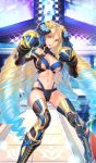  1girl abs astraea_(fate/grand_order) azuma_tou bikini black_ribbon blonde_hair blue_hair blue_ribbon boots boxing boxing_gloves breasts breasts_apart craft_essence drill_hair fate/grand_order fate_(series) fighting_stance gradient_hair hair_between_eyes hair_ribbon heroic_spirit_festival_outfit large_breasts long_hair looking_at_viewer luviagelita_edelfelt multicolored_hair navel official_art quad_drills ribbon solo swimsuit thigh_boots thighhighs very_long_hair yellow_eyes 