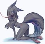  absurd_res all_fours anthro blue_eyes blush breasts butt canid canine canis chest_tuft collar female fur grey_fur grey_hair hair hair_over_eye hi_res kemono leash mammal nude open_mouth pawpads scar shalulu simple_background slave ssangbong-llama tuft white_background wolf 