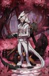  bareffor black_fur black_sclera cherry_blossom cigar city claws clothed clothing detailed_background duo fully_clothed fur grey_fur hair hi_res male necktie park plant raining sergal slit_pupils smile standing suit tail_tuft toe_claws tree tuft umbrella white_eyes white_fur yellow_eyes zephra 
