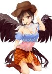  1girl absurdres bangs bare_shoulders black_hair black_wings blue_shirt boots breasts brown_eyes brown_footwear brown_headwear capelet cigarette cleavage collarbone commentary_request cowboy_hat eyebrows_visible_through_hair feathered_wings frills hat head_tilt highres kaoshuzi kneeling kurokoma_saki looking_at_viewer medium_breasts miniskirt mouth_hold off-shoulder_shirt off_shoulder orange_skirt parted_lips plaid plaid_skirt puffy_short_sleeves puffy_sleeves shirt short_hair short_sleeves simple_background skirt smile smoke solo tail_feathers touhou white_background white_capelet wings 