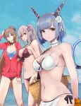  3girls :d azur_lane bag bangs bare_arms bare_shoulders bikini black_choker blue_hair blue_sky braid breasts brown_hair butterfly_hair_ornament choker cleavage closed_mouth cloud collarbone commentary_request day dunkerque_(azur_lane) dunkerque_(summer_sucre)_(azur_lane) front-tie_bikini front-tie_top gascogne_(azur_lane) hair_between_eyes hair_ornament halter_top halterneck hand_up headdress highres horizon jacket jean_bart_(azur_lane) large_breasts long_hair long_sleeves looking_at_viewer marshall2033 medium_breasts mismatched_bikini multiple_girls navel ocean open_mouth outdoors parted_lips partially_unzipped ponytail purple_bikini red_eyes red_jacket sarong short_hair sidelocks silver_hair sky smile standing strap_gap swimsuit tail very_long_hair white_bikini yellow_eyes 