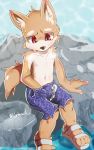  anthro bodily_fluids bottomwear brown_fur canid canine canis clothing cub cum cum_through_clothing domestic_dog fur genital_fluids male mammal navel red_eyes shorts sitting solo sweat swimshorts wet wet_clothing white_fur wuirnad young 