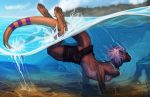  anthro athletic bottomwear clothed clothing countershade_torso countershading detailed_background digitigrade hair hindpaw long_tail lutrine male mammal mustelid paws pink_nose sea_otter shorts solo swimming thick_tail topless underwater water white_hair zephra 