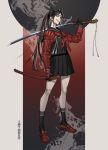  1girl black_hair highres katana komo_(sleepy) legs long_hair original ponytail school_uniform shoes skirt socks sword touran-sai very_long_hair weapon 