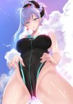  1girl absurdres asymmetrical_hair bangs bare_shoulders black_swimsuit blue_eyes blue_sky blue_swimsuit blush breasts earrings fate/grand_order fate_(series) hair_ornament highleg highleg_swimsuit highres jewelry large_breasts long_hair looking_at_viewer majin_(kiidoumajin) miyamoto_musashi_(fate/grand_order) miyamoto_musashi_(swimsuit_berserker)_(fate) one-piece_swimsuit open_mouth pink_hair ponytail sky swept_bangs swimsuit thighs two-tone_swimsuit 