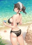  1girl :o ass back bangs banned_artist bare_arms bare_back bare_shoulders beach bikini black_bikini black_ribbon blush breasts bright_pupils bubble_tea cowboy_shot cup day eyebrows_visible_through_hair frills from_behind holding holding_cup kkamja large_breasts long_hair looking_at_viewer looking_back maid_headdress ocean open_mouth original outdoors ribbon rock short_ponytail side-tie_bikini sideboob sidelocks solo sparkle standing starfish strap_gap swimsuit thighs water yellow_eyes 