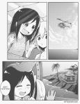  1boy 2girls against_window aircraft backpack bag bare_shoulders believeinthetyrone building closed_eyes cloud cloudy_sky english_commentary english_text flower flying hair_flower hair_ornament helicopter highres hitori_bocchi hitoribocchi_no_marumaru_seikatsu island long_hair monochrome multiple_girls ocean open_mouth palm_tree petting real_world_location shirt short_hair sky smile speech_bubble sunao_nako t-shirt tree 