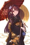  1girl b_b_b_b66 bangs black_kimono blush breasts cowboy_shot eyebrows_visible_through_hair flower frown girls_frontline hair_flower hair_ornament hair_ribbon half_updo highres holding holding_umbrella japanese_clothes kimono large_breasts long_hair looking_at_viewer one_side_up oriental_umbrella pouty_lips purple_hair red_eyes ribbon solo umbrella very_long_hair wa2000_(girls_frontline) wide_sleeves 