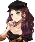  1girl blush breasts brown_hair choker cleavage dorothea_arnault earrings fire_emblem fire_emblem:_three_houses green_eyes hat jewelry kamu_(kamuuei) long_hair looking_at_viewer simple_background smile solo_focus uniform upper_body white_background 