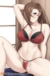  1girl arm_behind_head aslindsamure ass_visible_through_thighs bare_shoulders blush bra breasts brown_eyes brown_hair cleavage closed_mouth collarbone fire_emblem fire_emblem_fates hair_over_one_eye highres kagero_(fire_emblem) large_breasts long_hair looking_at_viewer navel panties ponytail red_bra red_panties sitting solo thighs underwear 