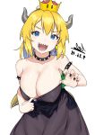  1girl 9nojo absurdres bare_shoulders black_collar black_dress blonde_hair blue_eyes bowsette bracelet breasts cleavage collar commentary_request crown dated dress earrings eyebrows_visible_through_hair fingernails highres horns jewelry large_breasts long_hair looking_at_viewer mario_(series) new_super_mario_bros._u_deluxe pointy_ears ponytail sharp_fingernails sharp_teeth signature simple_background solo spiked_armlet spiked_bracelet spiked_collar spiked_shell spiked_tail spikes strapless strapless_dress super_crown tail teeth turtle_shell white_background 