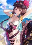  1girl animal arm_up armpits artist_name bare_shoulders belt bikini bird blue_eyes blue_sky bracelet breasts cleavage cloud collarbone day fate/grand_order fate_(series) floral_print goggles goggles_on_head hair_ornament hand_up highres horizon jewelry katsushika_hokusai_(fate/grand_order) katsushika_hokusai_(swimsuit_saber)_(fate) kim_eb leg_belt lens_flare long_hair looking_at_viewer low_twintails medium_breasts navel ocean octopus outdoors purple_hair sky smile sunlight swimsuit tokitarou_(fate/grand_order) twintails very_long_hair white_bikini 