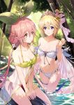  2girls bangs bare_shoulders between_legs bikini bikini_bottom blonde_hair blue_eyes blush breasts brown_eyes character_request cleavage collarbone commentary_request eye_contact eyebrows_visible_through_hair flower forest granblue_fantasy hair_between_eyes hair_flower hair_ornament hand_between_legs hand_up highres jiman leaf leaf_on_head long_hair looking_at_another looking_to_the_side low_twintails medium_breasts monster_girl multiple_girls nature navel parted_lips pink_hair plant_girl pointy_ears red_bikini_bottom see-through side-tie_bikini sitting smile swimsuit tiara twintails very_long_hair wading water wet white_bikini white_flower yellow_flower yggdrasil_(granblue_fantasy) 