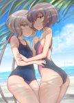  2girls beach black_hair blue_eyes blue_sky blue_swimsuit blush cloud cloudy_sky competition_swimsuit cowboy_shot day flower hair_flower hair_ornament highres holding_hands konno_junko long_hair looking_at_viewer mizuno_ai multiple_girls one-piece_swimsuit outdoors school_swimsuit short_hair single_vertical_stripe sky studiozombie swimsuit twintails very_long_hair water white_hair yuri zombie_land_saga 