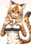 2019 5_fingers anthro black_fur blonde_hair blush breasts chest_tuft clothed clothing cute_fangs felid female fingers fur hair half-length_portrait happy hi_res horokusa0519 inner_ear_fluff kemono looking_at_viewer mammal multicolored_fur navel open_mouth open_smile orange_fur pantherine partially_clothed paw_pose paws pink_nose portrait red_eyes simple_background smile solo tiger translucent translucent_hair tuft white_background white_fur 