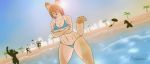  2019 absurd_res anthro beach bikini bilabee blue_eyes breasts camel_toe canid canine clothed clothing day digital_media_(artwork) female fennec fingers fox fur hair hi_res male mammal outside palm_tree seaside sky smile summer swimwear tree water 