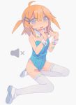 1girl \m/ ahoge bandaid bandaid_on_arm bandaid_on_finger bandaid_on_hand bangs bare_arms blonde_hair blue_eyes blue_leotard bunny_tail bunnysuit d: daizu_(melon-lemon) detached_collar eyebrows_visible_through_hair from_side full_body furrowed_eyebrows gradient_eyes grey_background groin hair_between_eyes hair_ornament hairpin hands_up highres index_finger_raised leotard looking_at_viewer multicolored multicolored_eyes muted_color nervous no_nose open_mouth original parted_lips shoe_soles shoes short_hair simple_background sitting solo strapless strapless_leotard sweat tail tareme tears thighhighs two_side_up uwabaki volume_symbol white_footwear white_legwear wrist_cuffs yokozuwari 