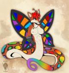  2019 alynna antennae_(anatomy) anthro arthropod big_breasts blue_eyes breasts butterfly canid canine claws digital_media_(artwork) fairy female fox fur hair hi_res hybrid insect lamia lepidopteran mammal multicolored_tail nipples nude pentacle rainbow reptile scalie shockandterror simple_background smile snake solo wings 