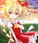  1girl arm_up blonde_hair blurry blush cloud commentary_request contrapposto cravat depth_of_field eyebrows_visible_through_hair finger_to_mouth fingernails flandre_scarlet gradient_sky grass hair_between_eyes hair_blowing hair_ribbon highres looking_at_viewer no_hat no_headwear nyanyanoruru outdoors petticoat puffy_short_sleeves puffy_sleeves red_eyes red_nails red_ribbon red_skirt red_vest ribbon sharp_fingernails shirt short_sleeves side_ponytail skirt sky smile solo standing sunset touhou vest white_shirt wind wind_lift wrist_cuffs yellow_neckwear 