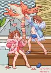  1boy 1girl asphyxiation blue_coat blue_swimsuit brown_eyes brown_hair choking coat condor ice_climber ice_cream_cone khiuly pink_coat pink_swimsuit sandals swimsuit swimsuit_under_clothes trash_can 