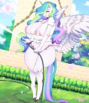 2019 anthro big_breasts bikini breasts cherrikissu clothed clothing digital_media_(artwork) equid feathered_wings feathers female friendship_is_magic grass hair hair_over_eye hi_res horn hose long_hair mammal multicolored_hair multicolored_tail my_little_pony princess_celestia_(mlp) purple_eyes shirt solo swimwear topwear water wet wet_clothing wet_shirt wet_topwear white_feathers winged_unicorn wings 