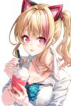  .live 1girl absurdres animal_ears bangs blonde_hair blue_bow blush bow breasts cleavage collarbone collared_shirt cup darjeeling_(reley) disposable_cup drinking_straw eyebrows_visible_through_hair fake_animal_ears fingernails glowing hair_between_eyes hair_intakes highres holding holding_cup large_breasts long_hair looking_at_viewer multicolored_hair nail_polish nekonoki_mochi parted_lips pink_hair pink_nails purple_eyes shirt short_sleeves side_ponytail simple_background solo streaked_hair upper_body virtual_youtuber white_background white_shirt 