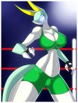  anthro big_breasts big_eyes border bottomwear bra breasts camel_toe cleavage clothed clothing female fingerless_gloves fully_clothed gloves glowing glowing_eyes handwear hi_res june_greenfield looking_at_viewer navel nintendo nipple_outline non-mammal_breasts pok&eacute;mon pok&eacute;mon_(species) pok&eacute;morph r-mk serperior shorts simple_background smile solo standing tight_clothing underwear video_games white_border 