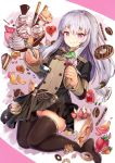  1girl black_legwear cake candy coffee_cup cup cupcake disposable_cup doughnut eating fire_emblem fire_emblem:_three_houses food fruit garreg_mach_monastery_uniform ice_cream ice_cream_cone licking_lips long_hair lysithea_von_ordelia macaron orange orange_slice pastry school_uniform se-u-ra silver_hair skirt smile solo spoon strawberry thighhighs tongue tongue_out 